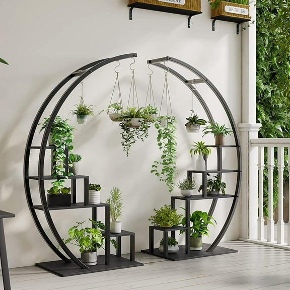Rugerasy 5 Tier 56inch Round Plant Stand,Half Moon Shape Indoor Metal Garden Plant Holder Flower Shelf Rack With 4 Hanging Hooks for Home Garden Decor,Black