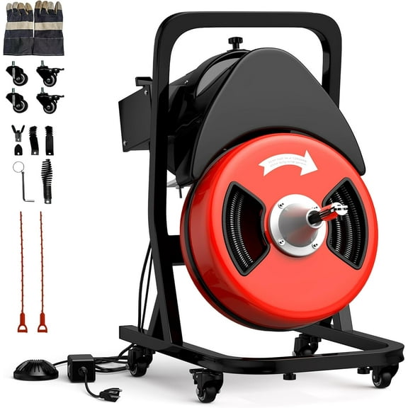 Rugerasy 50FT x 1/2Inch Drain Cleaner Machine,Sewer Snake Auger Electric Drain Auger Cleaner,Serpentine Pipe Cleaning Machine with 4 Cutters and Foot Switch for 1" - 4" Pipes Cleaning,