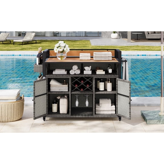 Rugerasy 52.8 Inch Wide Outdoor BBQ Cart with Storage, Rattan & Metal Design, Dual Handles, Black Brown