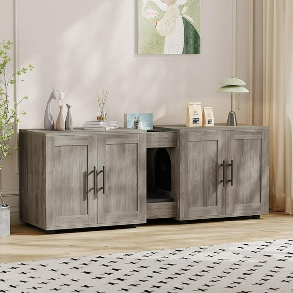 Rugerasy 55Inch Cat Litter Box Enclosure for 2 Cats,Furniture with Double Room,Hidden Double Litter Box Enclosure Furniture,Cabinet with Scratching Pad,Gray