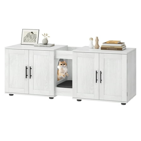 Rugerasy 55Inch Wooden Cat Litter Box Enclosure Furniture, 3-in-1 Hidden Litter Cabinet with Barn Doors & Double Rooms for 2 Cats for Living Room,Antique White