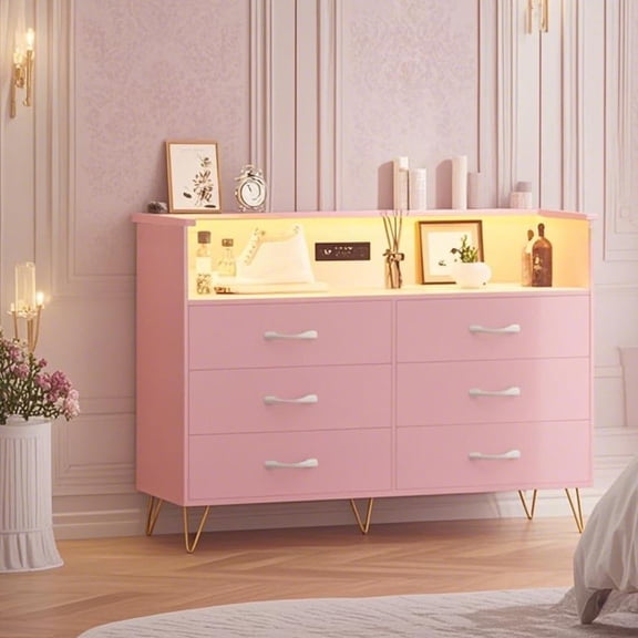 Rugerasy 6 Dresser for Bedroom with Power Outlet & LED Light,Wooden Dressers with Wide Drawers & 2-Tier Open Shelves,Modern Chest of Double Wide Drawers for Living Room,Entryway,TV Stand,Pink
