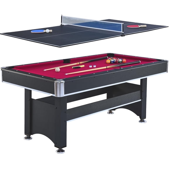 Rugerasy 6 Ft 2 in 1 Pool & Table Tennis Combo Table with Billiard Balls,Cues,Paddles,Brush & More,Ping Pong Multi Game Combo Tables for Family Recreation Game Rooms,Black+Red