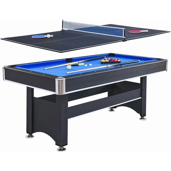 Rugerasy 6-Ft 2-in-1 Pool Table with Ping Pong Table Combo,Multi-Game Table with Billiard Balls,Cues,Paddles,Brush,for Family Recreation,Durable Structure,Quick Assembly,Black+Blue