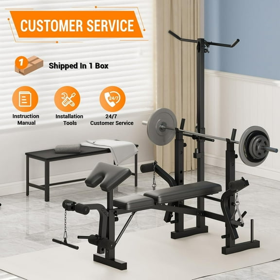 Rugerasy 6-In-1 Weight Bench Set with Leg Extension and Leg Curl and Preacher Curl,Strength Training Bench with Squat Rack,Multifunctional Adjustable Foldable Workout Bench for Home Gym,Black