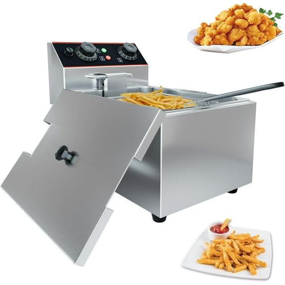 Rugerasy 6 L Stainless Steel Commercial Deep Fryer,Countertop Electric Oil Fryer with Detachable 1 Basket and Lid,Adjustable Temperature Control for Home,6 L with 1 Baskets