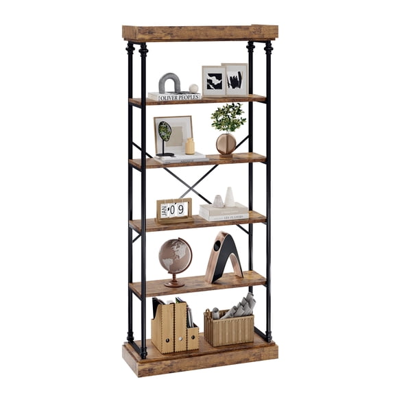 Rugerasy 6-Tier Bookcase, Industrial Standing Shelf with Metal Frame, Freestanding Shelf with 5 Open Shelves,Retro color