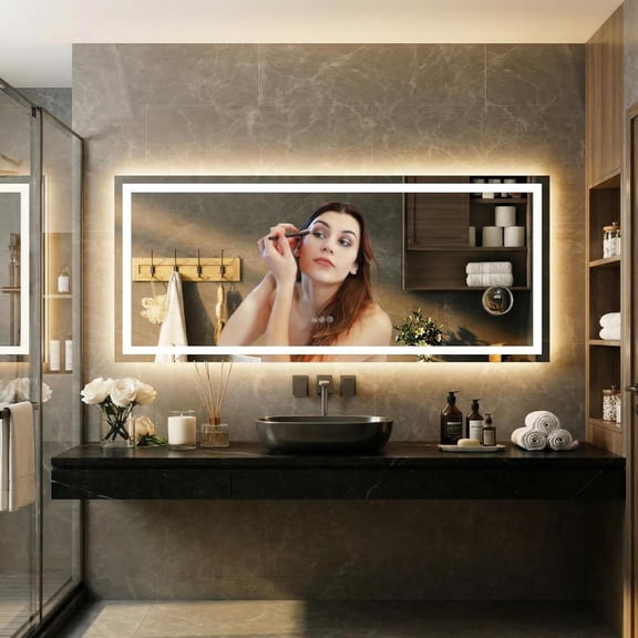 Rugerasy 60x24 LED Bathroom Mirror with Lights,Wall Mounted Vanity Mirror with Front & Backlight,Dimmable Color Temperature,Frameless Aluminum,3x Magnifying Mirror
