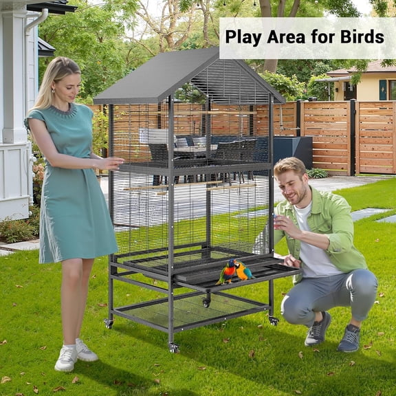 Rugerasy 65.7 Inch Large Bird Cage for Parrots & Parakeets - Extra Wide Rolling Parakeet Cage,FLight Cage with 4 Metal Feeders,Wood Perches & Storage Shelf Use for Breeders,Black