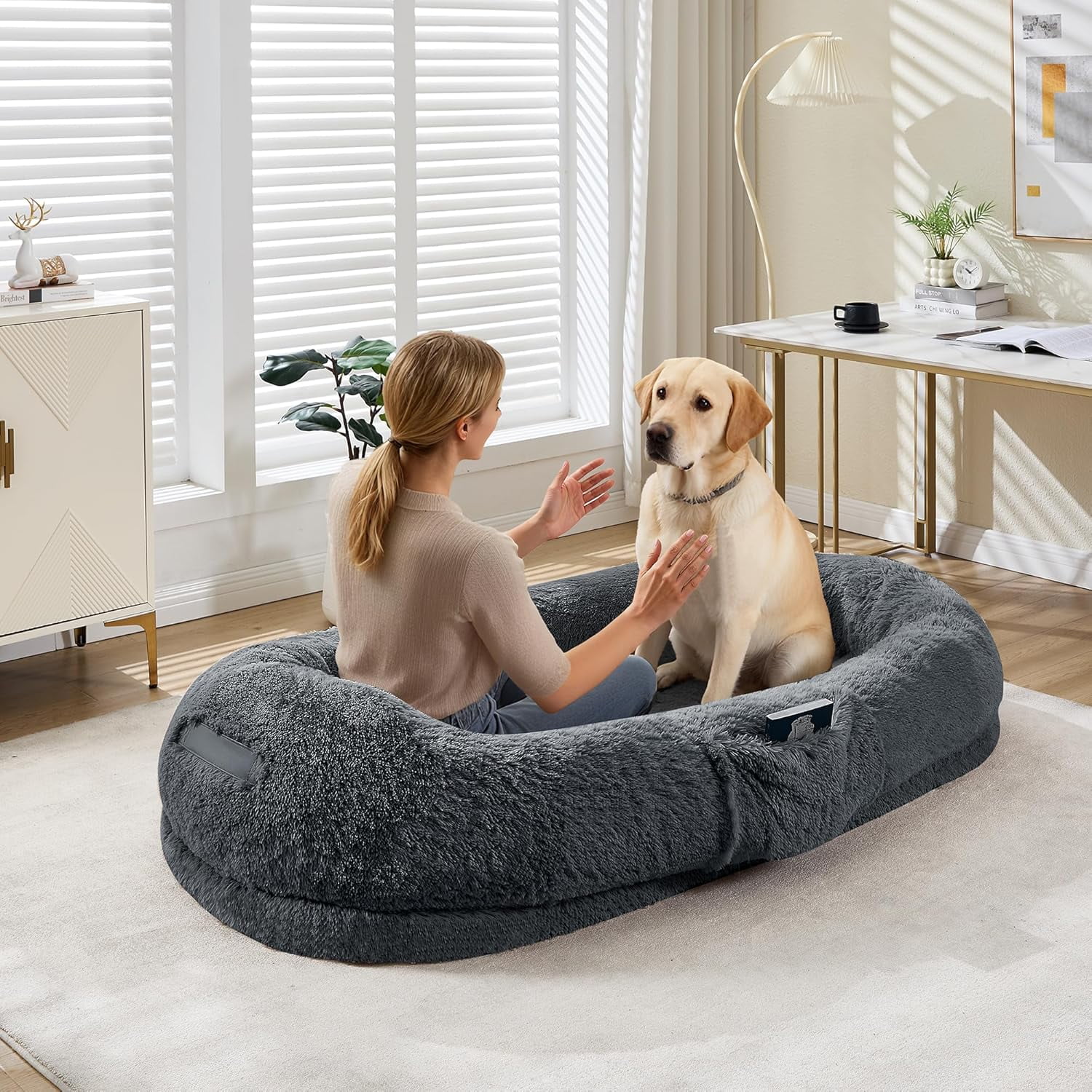 Rugerasy 65 Inch Large Gaint Shared Bed for People Pets,Human Dog Bed for Adult,Washable Faux Fur Removable Nap Bed Bean Bag with Handle Side Pocket,Dark Gray