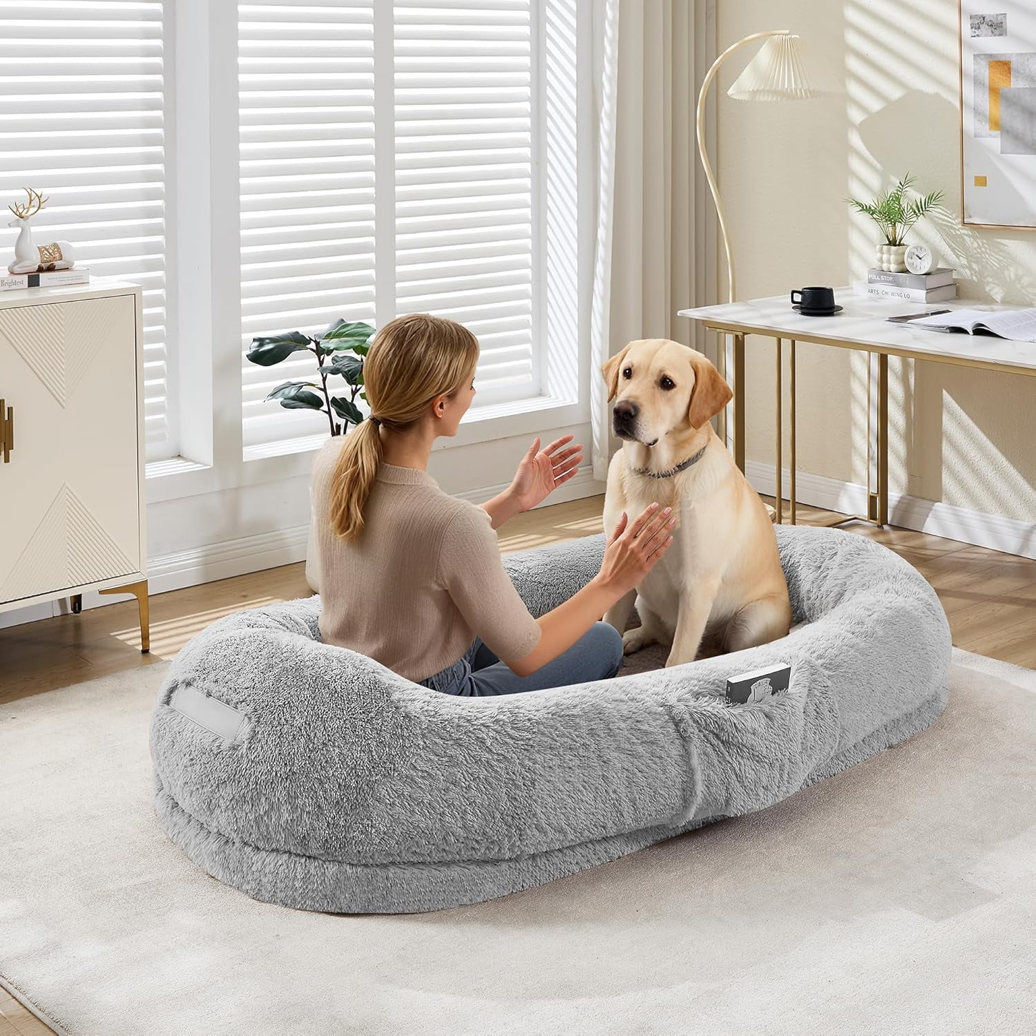 Rugerasy 65 Inch Large Gaint Shared Bed for People Pets,Human Dog Bed for Adult,Washable Faux Fur Removable Nap Bed Bean Bag with Handle Side Pocket,Light Gray
