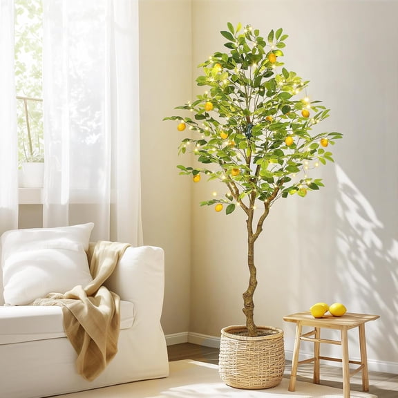 Rugerasy 6FT Artificial Lemon Tree with Lights, Faux Plant with Fruits for Home