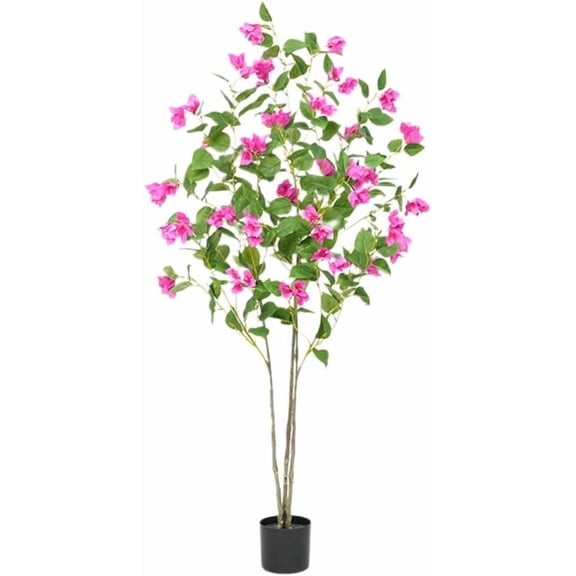 Rugerasy 6FT Bougainvillea Artificial Tree, Simulation Flower with Real Touch Leaves Green Plant in Plastic Pot for Home Decoration