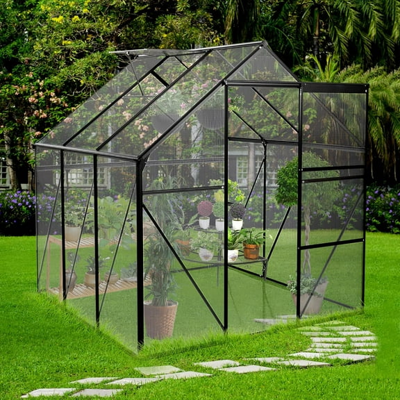 Rugerasy 6x6FT Clear Plastic Panels Greenhouse,Walk-in Greenhouse,Sturdy Metal Frame Greenhouse,Indoor Outdoor Garden House with Window for Backyard,Black