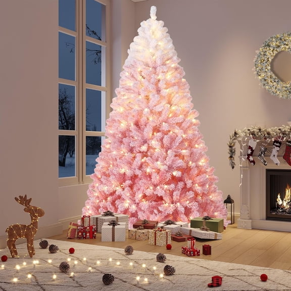 Rugerasy 7.5FT Artificial Christmas Tree with Warm White Lights,Snow Flocked Gradient Design with Foldable Base,Holiday Decor for Home,Office,Pink Gradient