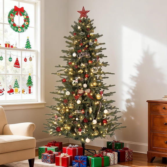 Rugerasy 7.5ft Artificial Christmas Tree,8 Adjustable Lighting Modes,skinny christmas tree,Easy to Assemble,Metal Base,Perfect Festive Centerpiece for Home or Office Desktop Decor