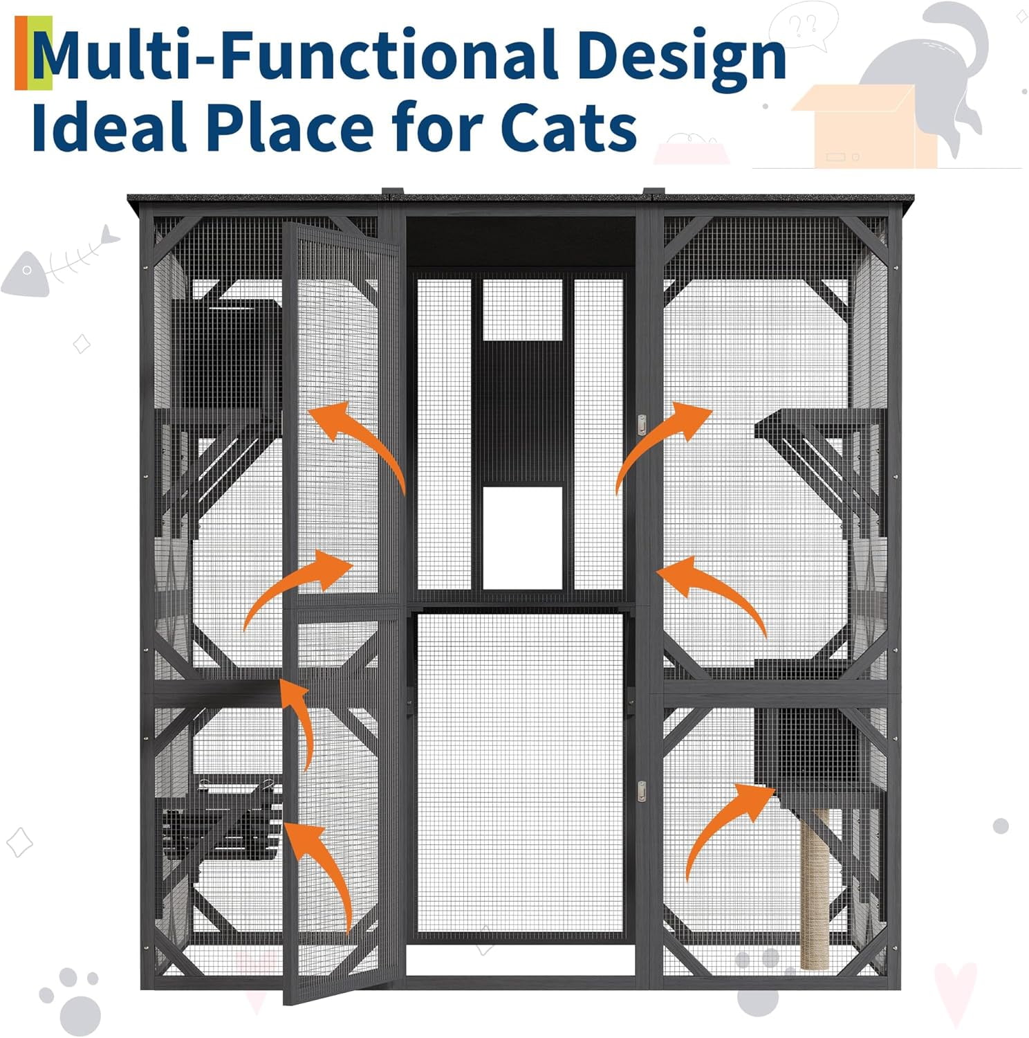 Rugerasy 70 Inch Large Outdoor Cat Enclosure,Window Access Catio for Cats Outdoor Patio with Waterproof Asphalt Roof,4 Platforms,2 Resting Box and Bridge,Weatherproof Wooden Cat Playpen,Grey