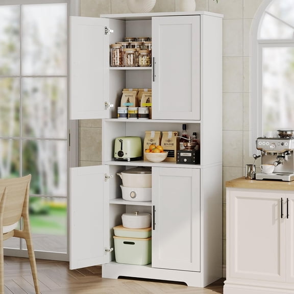 Rugerasy 70 Inch Tall Kitchen Pantry Cabinet,Freestanding Storage Cabinet with 4 Doors and Adjustable Shelves,Utility Hutch Cupboard for Dining Room,Bathroom,With 1 Grid White