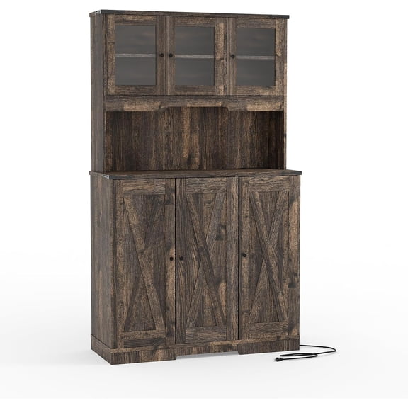 Rugerasy 70in Tall Wood Kitchen Pantry Cabinet with Acrylic Doors,High Freestanding Cupboard Storage Cabinet,Farmhouse Coffee Bar with Charging Station and Adjustable Shelf,Dark oak