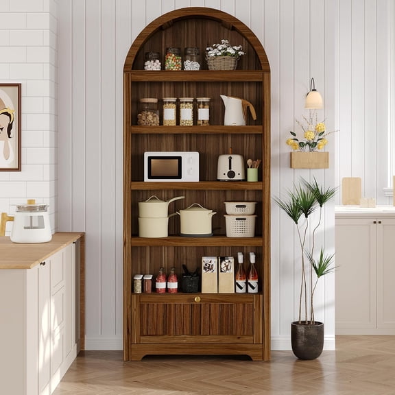 Rugerasy 71 Inch Tall Arched Book Shelf, 6-Tier Freestanding Bookshelf with Drawer and Open Display Shelves, Mid Century Modern Arched Bookcase for Living Room, Bedroom, or Home Office
