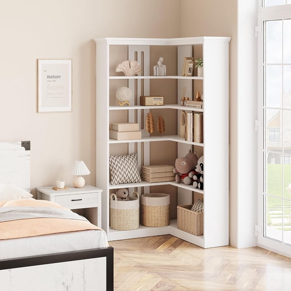 Rugerasy 72.8In L-Shaped 5-Tier Corner Bookshelf,Wood Bookcase with Anti-Tip Safety for Living Room & Office,Easy Assembly Storage Shelf