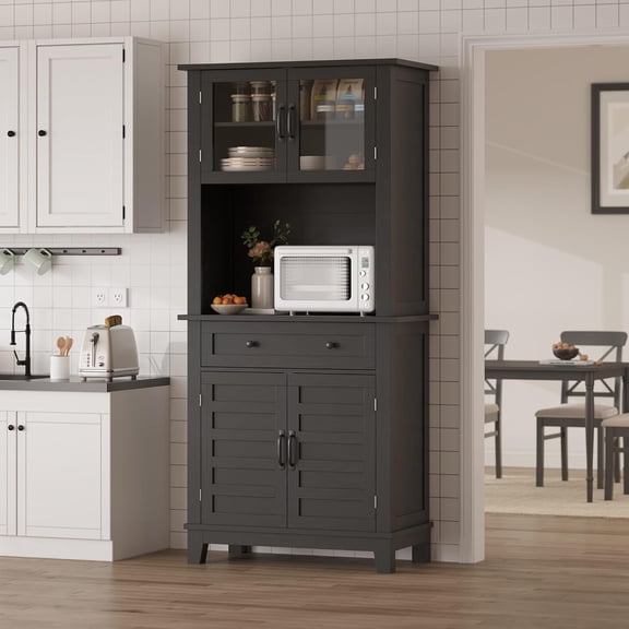 Rugerasy 72 Inch Tall Kitchen Storage Cabinet,Pantry Coffee Bar with Adjustable Shelves 4 Glass Doors 1Drawer Multi-Functional Bar Hutch Durable Design Perfect for Organized Kitchen Storage,Black
