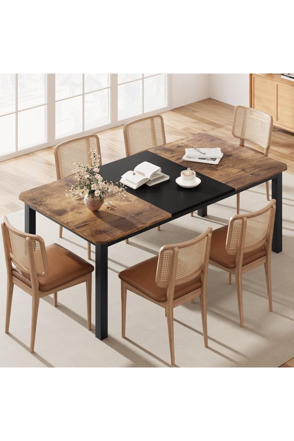 78.7 Inch Paulownia Wood Dining Table for 6-8 People,Modern Large Rectangle Kitchen Table,Farmhouse Dinner Table Kitchen & Dining Room Furniture,Black + Retro Color