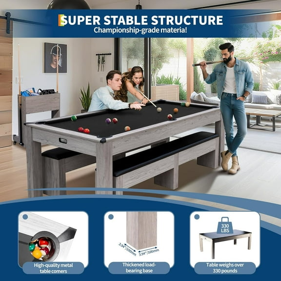 Rugerasy 7FT 3-in-1 Pool Table with Dining Top & Table Tennis,Billiard Table Set (with Balls,Cues,Ping Pong),HDF Wood Grain Finish,Includes Rolling Storage Caddy,Black