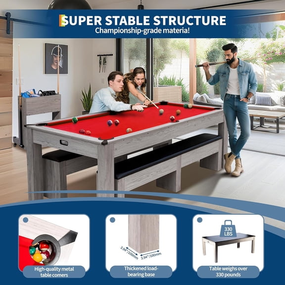 Rugerasy 7FT 3-in-1 Pool Table with Dining Top & Table Tennis,Billiard Table Set (with Balls,Cues,Ping Pong),HDF Wood Grain Finish,Includes Rolling Storage Caddy,Red