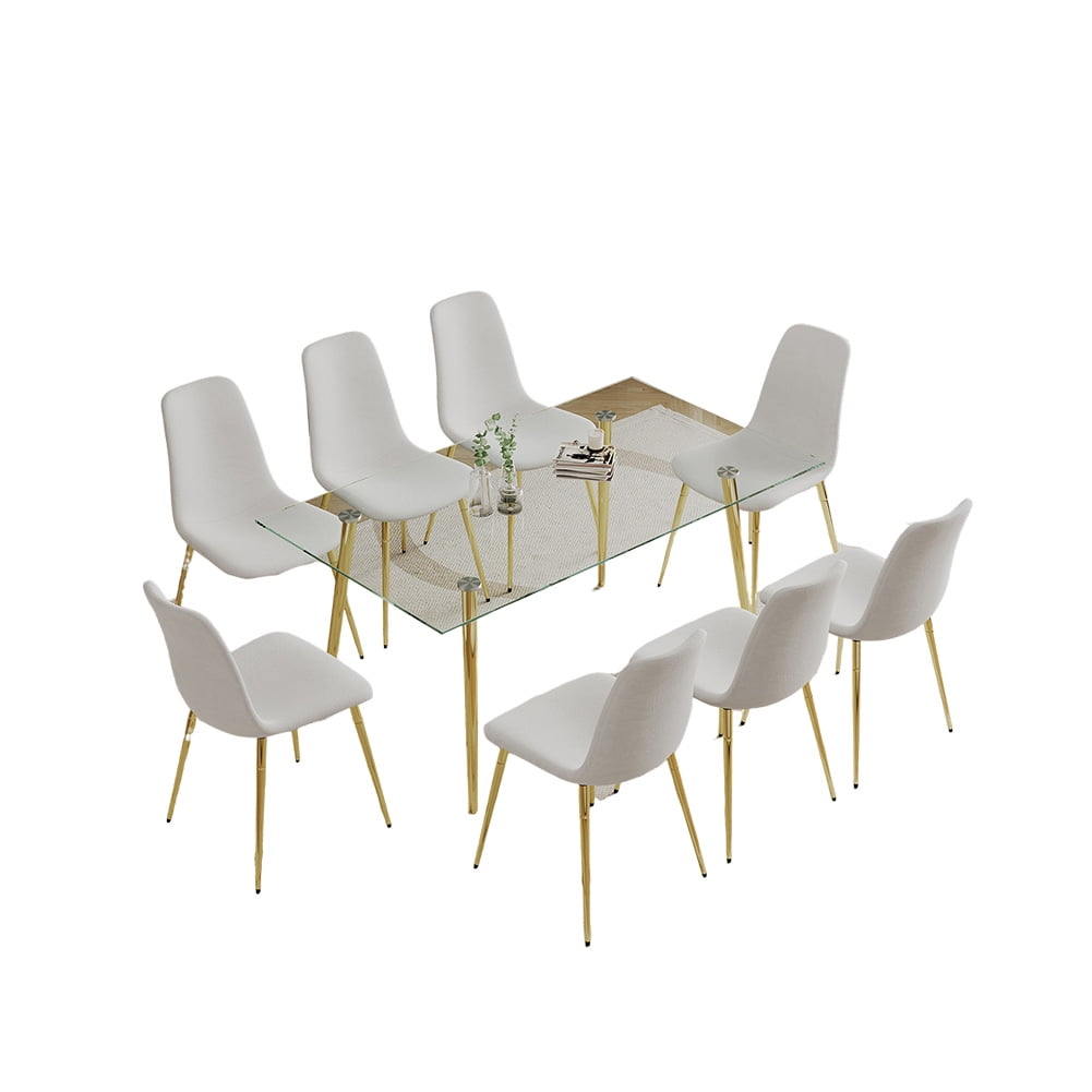 Rugerasy 9 Pcs Dining Table Set, Dining Room Table Set, 8 Fabric Chairs, Tempered Glass Top ...