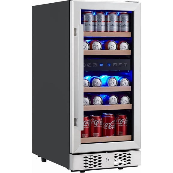 Rugerasy 96 Cans Built-in Beverage Refrigerator and Cooler,Adjustable Shelves & LED Lights,Freestanding Beverage Cooler with Glass Door,Under Counter Beer Fridge for Home Office,As shown