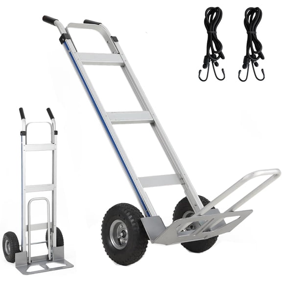 Rugerasy Aluminum Hand Truck with Extendable Base Plate,10" Pneumatic Tire and 2 Elastic Cords,Platform Hand Cart for Transport & Moving in Warehouse,Supermarket,Hand Truck -600 Lbs