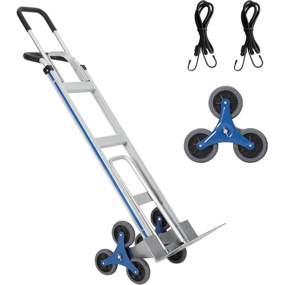Rugerasy Aluminum Stair Climbing Cart,Heavy-Duty Trolley Cart Extendable Base Plate,Dual Handles,6 Wheels & 2 Elastic Ropes for Warehouse Shopping Airport,Stair Climbing 600lbs