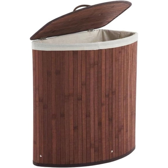 Rugerasy Bamboo Triangle Laundry Basket with Lid,Corner Laundry Hamper with Removable Liner,Foldable Laundry Hamper with Handle for Bedroom,Bathroom,Brown