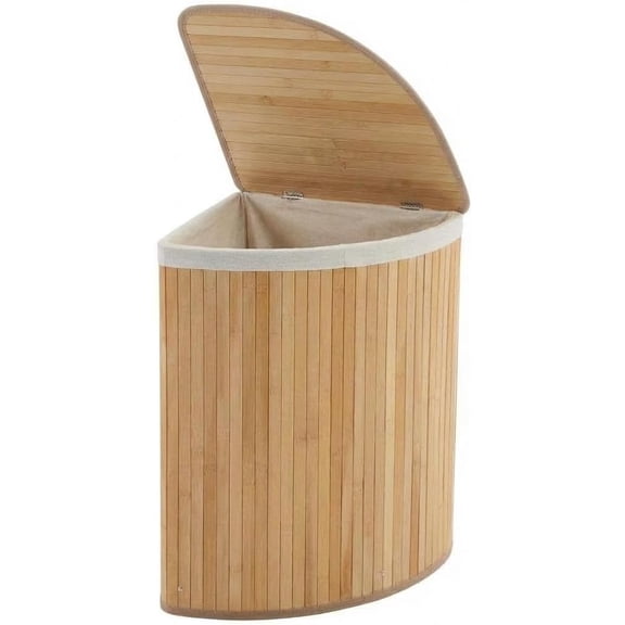 Rugerasy Bamboo Triangle Laundry Basket with Lid,Corner Laundry Hamper with Removable Liner,Foldable Laundry Hamper with Handle for Bedroom,Bathroom,Natural
