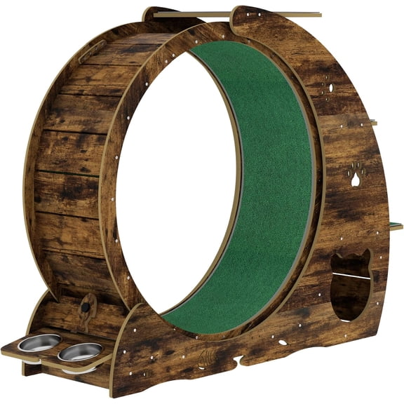 Rugerasy Cat Exercise Wheel for Indoor Cats,Cat Treadmill with Bowls,Scratch Post & Detachable Carpet,Large Quiet Cats Running Wheel for Kitties Endless Fun & Fitness,Retro Brown