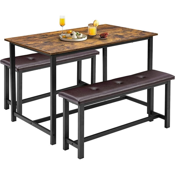 Rugerasy Dining Table Set for 4 with Upholstered Benches,Space-Saving 3 Piece Kitchen Bench Dining Table Set,Rectangular Dining Table for Home,Kitchen,Dining Room,Rustic Brown
