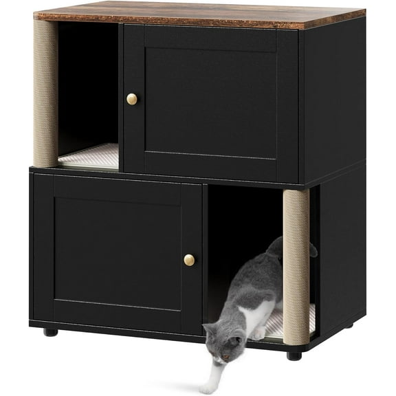 Rugerasy Double Layer Cat Litter Box Enclosure for 2 Cats,Hidden Litter Box Furniture with Cat Scratching Post and Board,Wooden Cats Washroom or Bed,Pet House End Table for Living Room,Black
