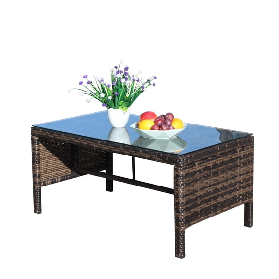 Rugerasy End Table, Outdoor Coffee Table With Transparent Tempered Glass Top,UV Resistant Frame, Rectangualr Wicker Coffee Table For Patio, Balcony, Garden