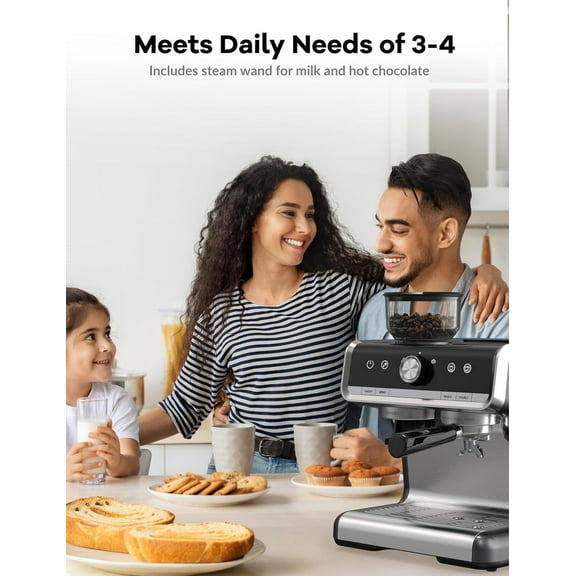 Rugerasy Espresso Machine With Grinder,Stainless Steel Finish 20 Bar Semi-Automatic Espresso Coffee Maker With Milk Frother Steamer Wand Cappuccino Latte Macchiato,95 OZ Water Tank,,Silver