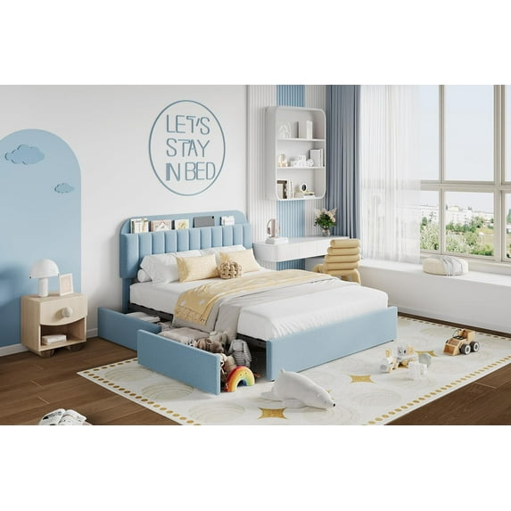 Rugerasy FULL Size Bed Frame with Storage Headboard and 2 Drawers,Girls Bed Frame with Boucle UpholsteRed Platform,Built-in Bookcase,No Box Spring Needed,Easy Assembly,Durable and Stylish,Blue