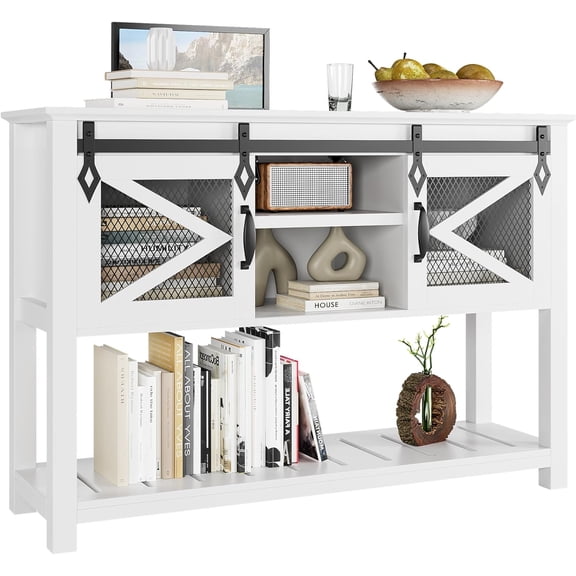Rugerasy Farmhouse Entryway Table with Sliding Barn Doors, Sofa Table with Storage and Open Shelf, Console Tables for Entryway,White