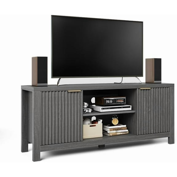 Rugerasy Fluted TV Stand for 65 Inch TV,Wooden Modern TV Console Table with Open Shelves & 2 Storage Cabinets,Heavy-Duty Entertainment Center,TV Console Table for Bedroom,Grey Oak