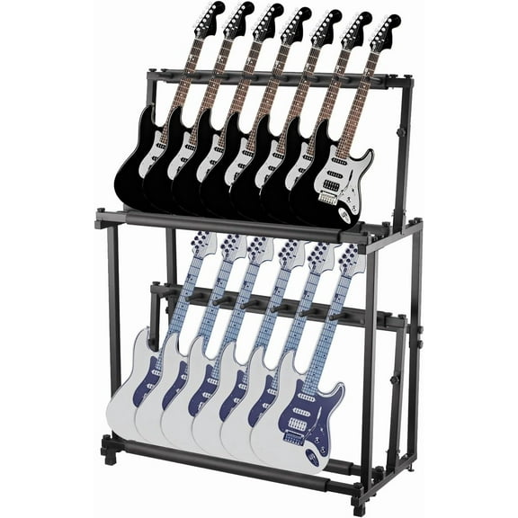 Rugerasy Folding 14 Standing Floor Multiple Guitars Display Rack,Multi Guitar Stand,Adjustable Storage Holder With Soft Sponge Adjustable Height Double Tier Ukulele Stand,Black