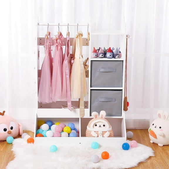 Rugerasy Girls' Dress Up Storage, Kids Costume Wardrobe with Lighted Mirror，Storage Shelves& Storage Bin,White