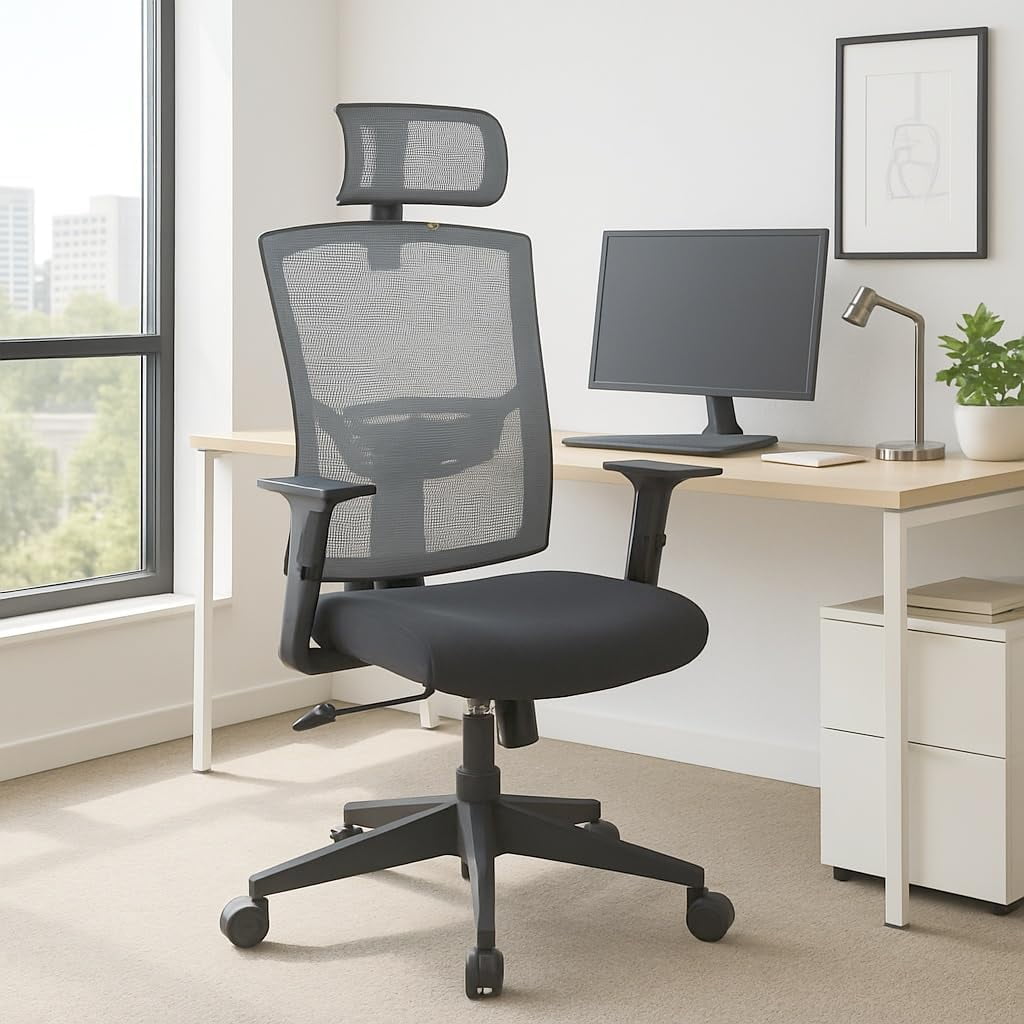 Rugerasy High Back Mesh Office Chair,Ergonomic Desk Chair Reclining,Full Ergonomic Support,Space-Saving Flip-Up Arms,Adjustable Headrest & Recline for Gaming,Black + Gray