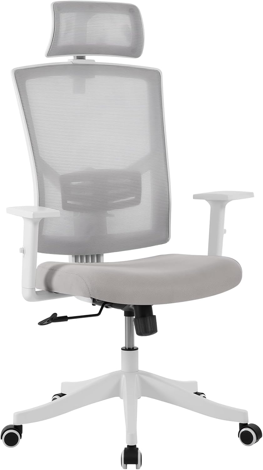 Rugerasy High Back Mesh Office Chair,Ergonomic Desk Chair Reclining,Full Ergonomic Support,Space-Saving Flip-Up Arms,Adjustable Headrest & Recline for Gaming,White + Gray