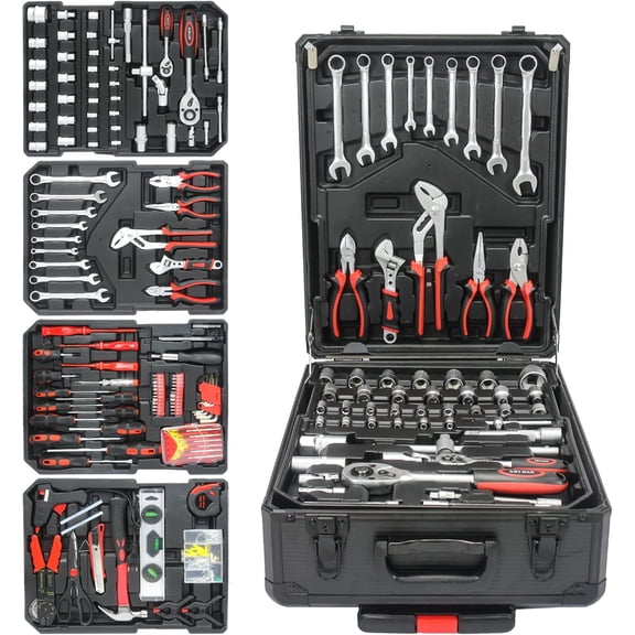 Rugerasy Household Tool Set Hand Tool Set with Tool Box,Aluminum Trolley Case Tool Set,4 Layers Plier Wrench Hand Tool Set for Home Maintenance,Black