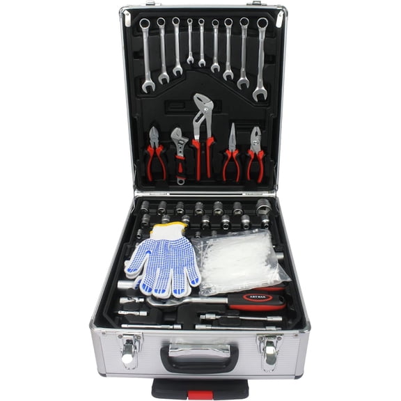 Rugerasy Household Tool Set Hand Tool Set with Tool Box,Aluminum Trolley Case Tool Set,4 Layers Plier Wrench Hand Tool Set for Home Maintenance,White