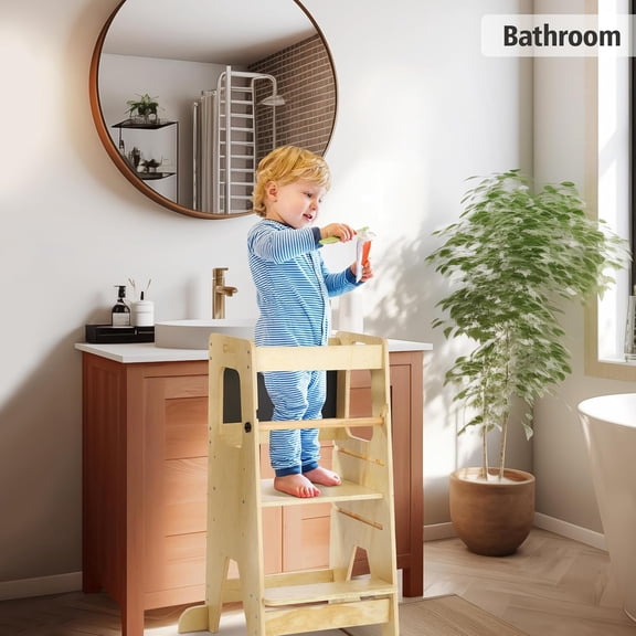 Rugerasy Kitchen Bamboo Step Stool,3 Height Adjustable Step Stool with Safety Guardrail,Anti-Slip Tower Learning Stool Helper Platform for Home,Wood